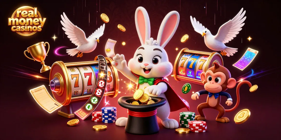 Experience real money casinos with a magician rabbit, dove, and monkey surrounded by dazzling gold coins and slot reels.