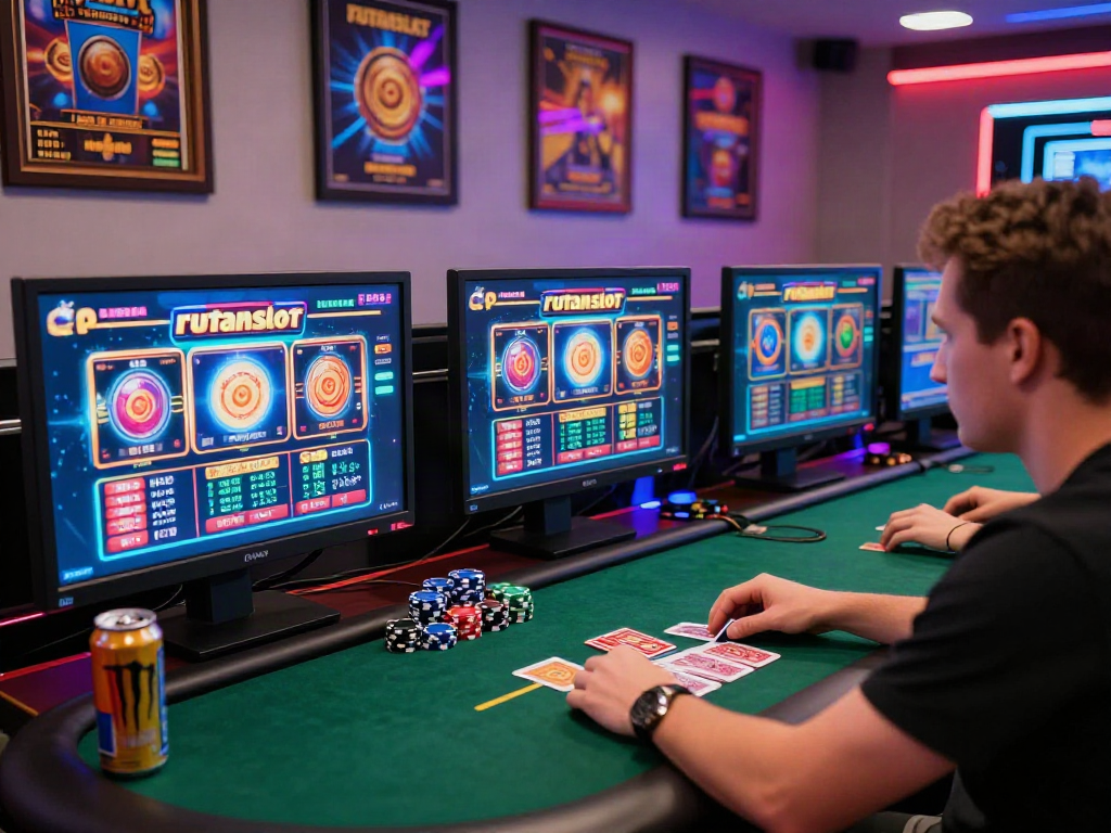 Engaging online gaming scene featuring rutanslot on desktop setup with poker chips and themed decor.