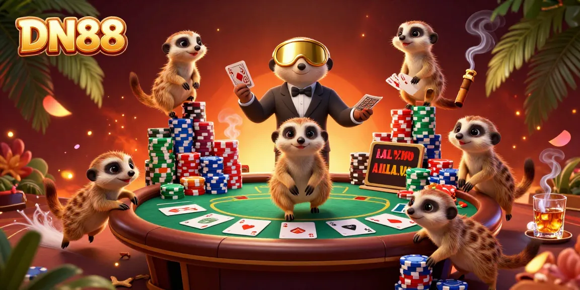 Experience thrilling gaming action at DN88's vibrant colorful casino with meerkats in charge.