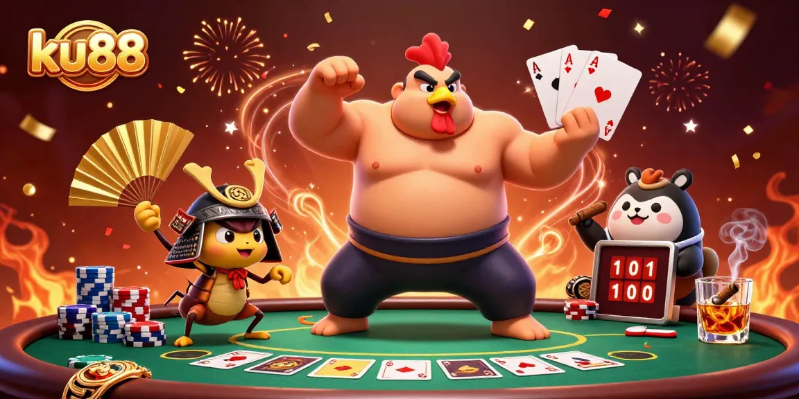 Experience the thrill of ku88 with a powerful sumo wrestler and fierce cricket in a vibrant casino scene.