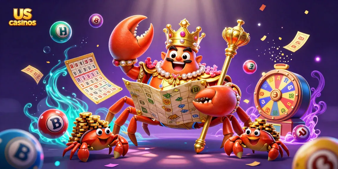 Experience thrilling us casinos adventures with a golden crab emperor amidst vibrant casino elements.