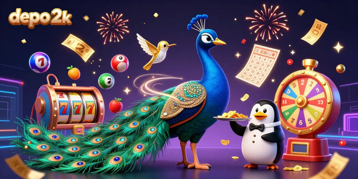 Permainan slot menggunakan depo 2k, menampilkan merak, penguin, dan kolibri mengelilingi elemen berwarna-warni.