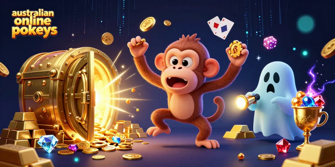 A lively illustration of australian online pokies showcasing a cheeky monkey juggling coins and a curious puppy tracking its antics in a vibrant casino.