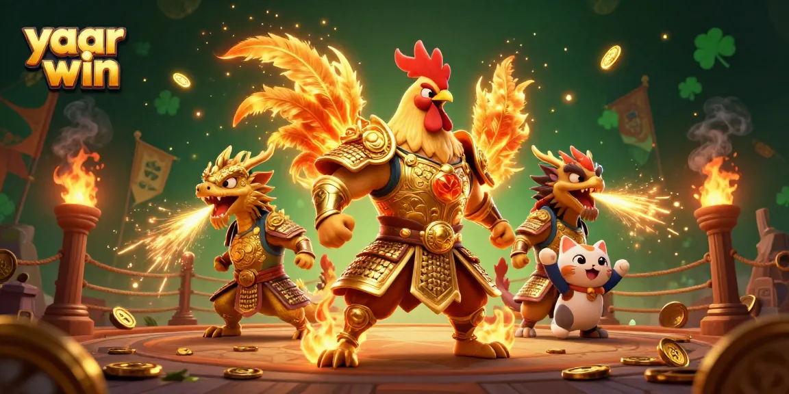 Engage with the vibrant world of yaar win featuring a cartoon rooster warrior and dragon in a casino setting.