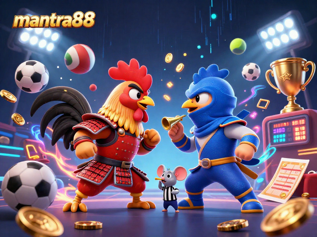 Experience thrilling action at mantra88 with colorful cartoon fighting roosters and dynamic sports elements.