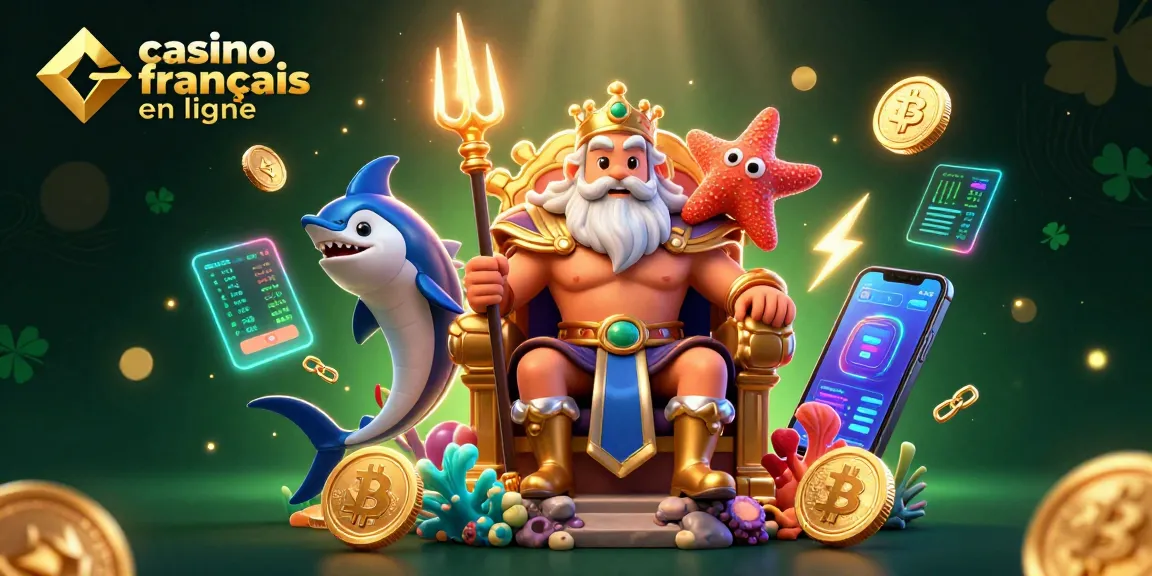 Découvrez l'univers du casino francais en ligne avec cette illustration captivante montrant Neptune entouré d'éléments de jeu.