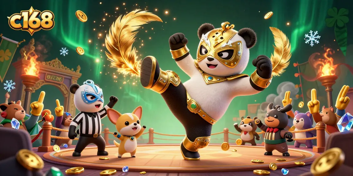 C168 casino offers an exciting experience with a cartoon panda wrestler and betting action, captivating players.
