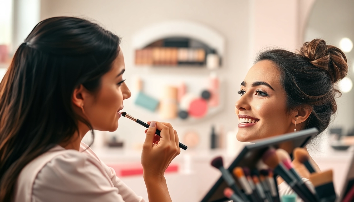 Engaged artist applying HD makeup application Dallas to a client in a stylish salon.