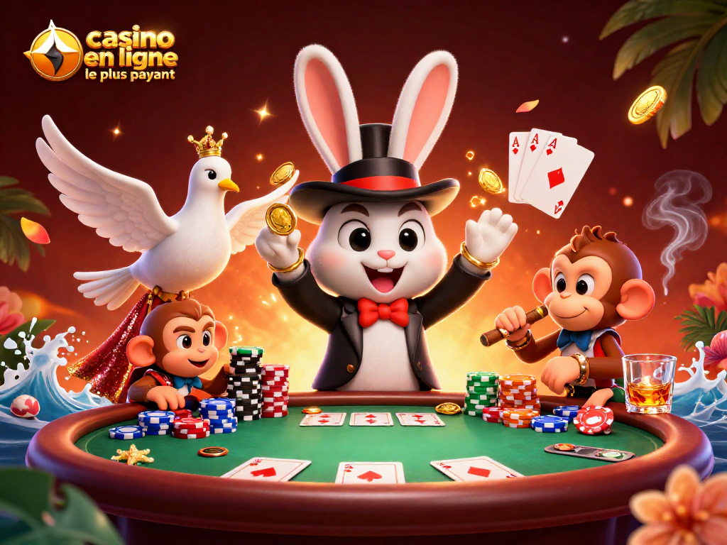 Visuel dynamique d'un casino en ligne le plus payant avec un lapin magicien, une colombe et un singe.