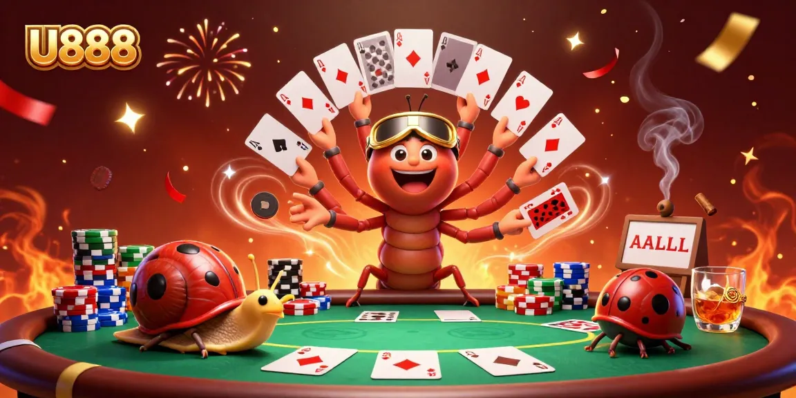 Experience the excitement of U888 with a dynamic, multi-character casino scene.