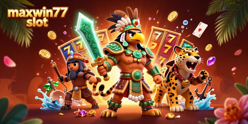 Engage with maxwin77 slot in an exhilarating scene featuring Aztec warriors surrounded by vibrant game elements.