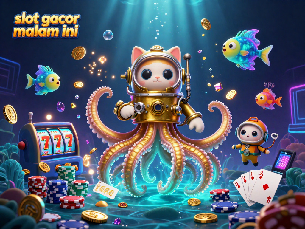 Play slot gacor malam ini with a kraken, treasure, and vibrant casino elements.