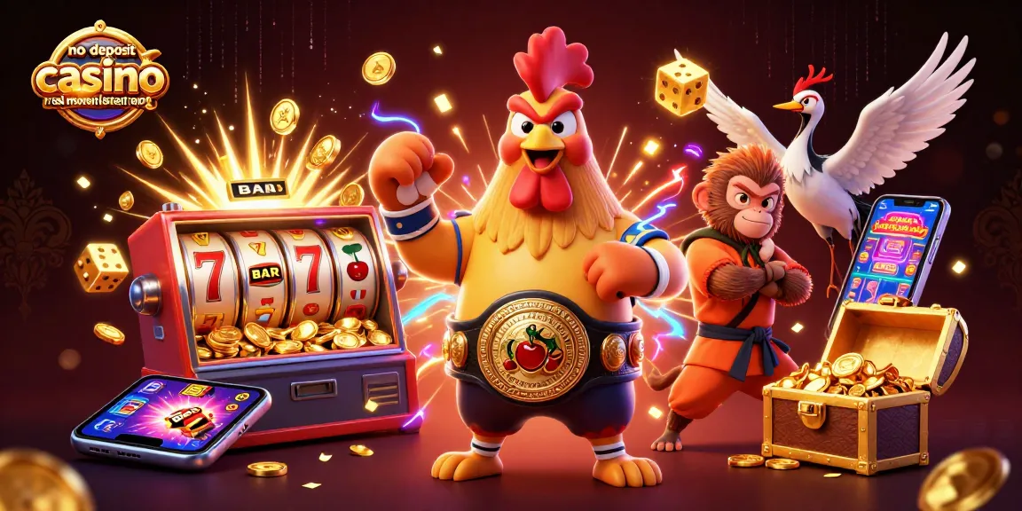 No deposit casino real money instant payout depicted with a vibrant 3D scene of a Muay Thai rooster, Shaolin monkey, and wise crane amidst thrilling casino elements.