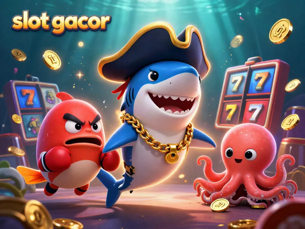 Experience slot gacor excitement with a playful pirate shark, pufferfish, and octopus in a vibrant casino setting.