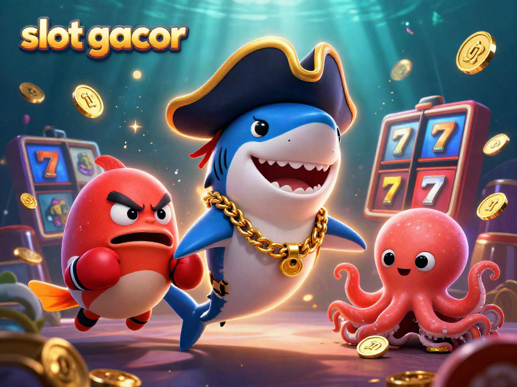 Experience slot gacor excitement with a playful pirate shark, pufferfish, and octopus in a vibrant casino setting.