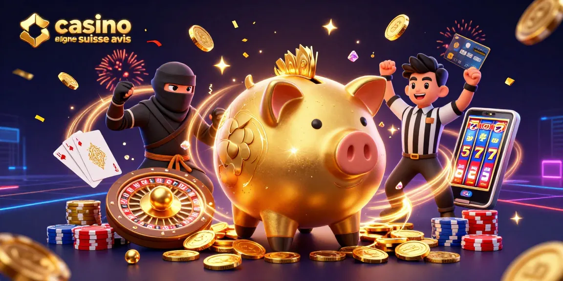 Plongez dans l'univers des jeux avec casino en ligne suisse avis et une scène dynamique remplie de pièces dorées et des personnages emblématiques.