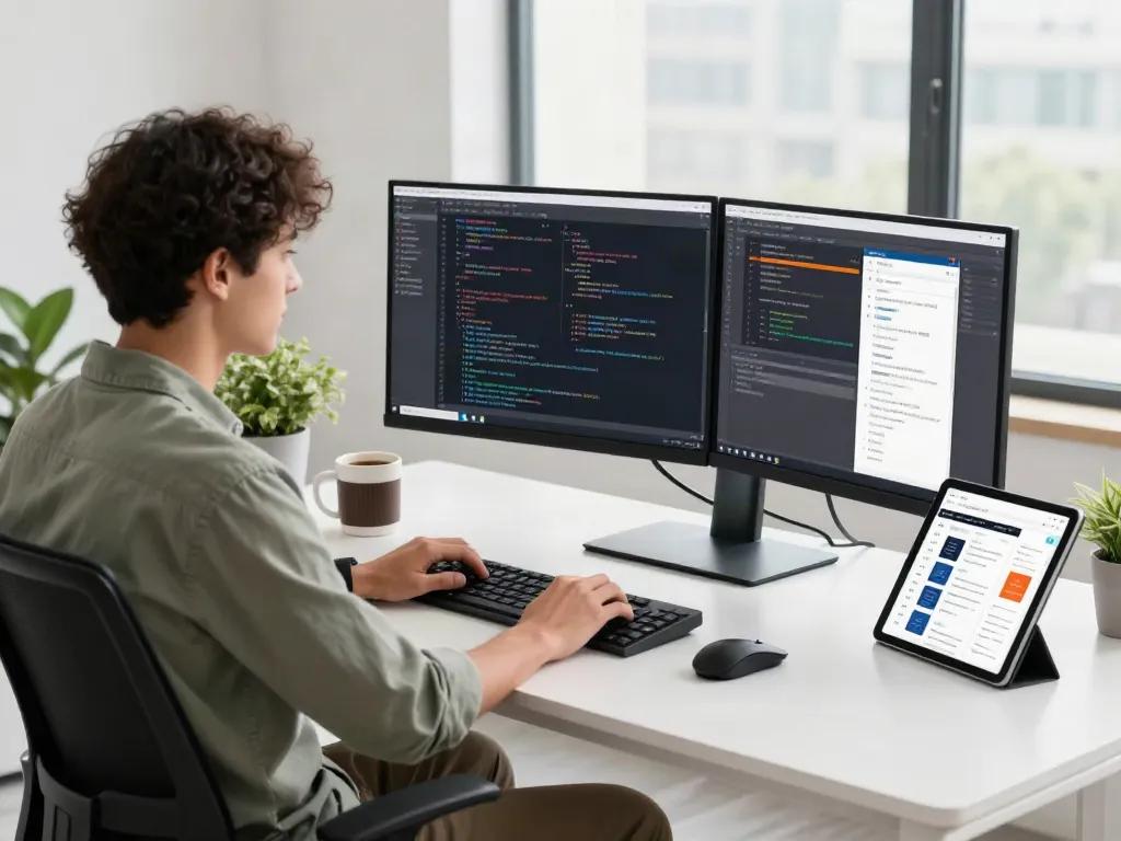 Visit your URL in a dynamic tech workspace with a developer coding and app design on multiple screens