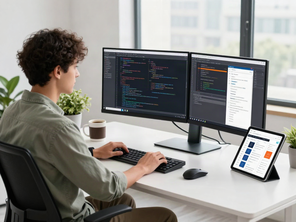 Visit your URL in a dynamic tech workspace with a developer coding and app design on multiple screens