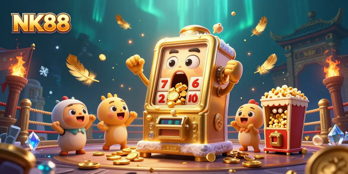 Spin to win at NK88 as a golden slot machine hits a jackpot, coins flying everywhere!