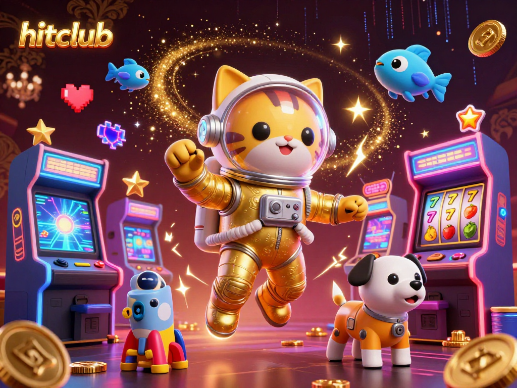 Join the hitclub digital gaming scene with a whimsical astronaut cat and a robot dog amidst dazzling casino elements.