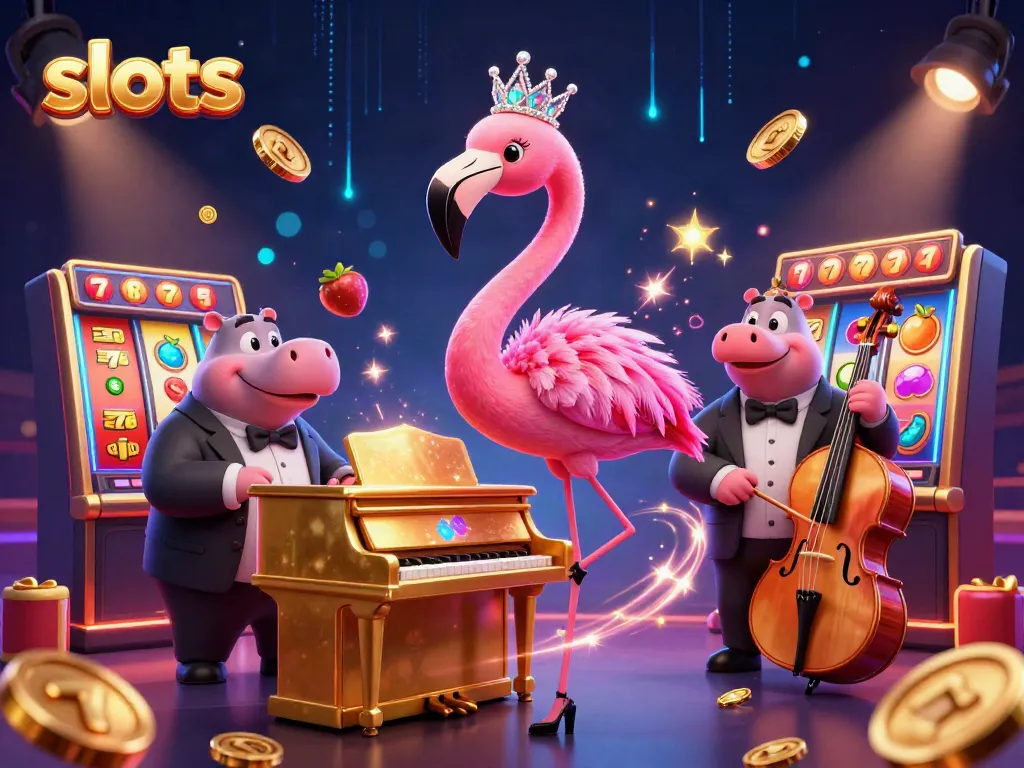 Catch the excitement of slots with a vibrant cartoon scene showcasing flamingo and hippo musicians at a casino.