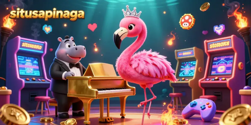 Experience the thrilling ambiance of situsapinaga through a vibrant scene with cartoon characters, casino elements, and arcade gaming flair.