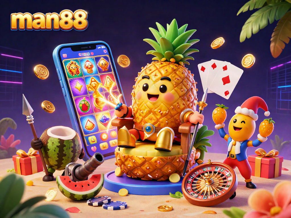 Engaging scene with man88 featuring a golden pineapple king and vibrant casino elements.