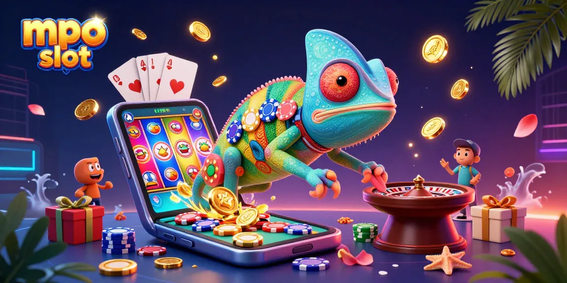 Play colorful mpo slot games with golden coins flying around in a lively casino scene.