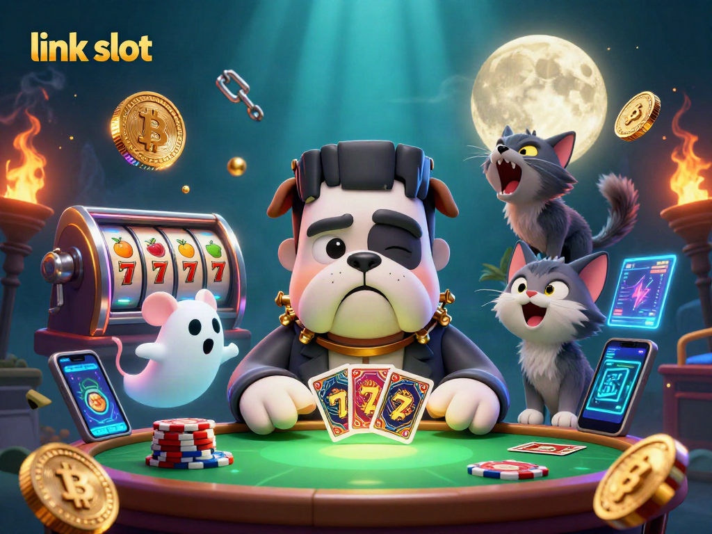 Exciting scene depicting a 3D cartoon Frankenstein bulldog monster at a "link slot" table surrounded by crypto elements and vibrant casino graphics.
