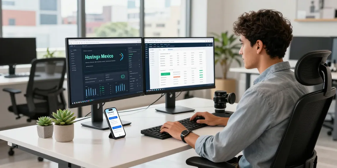 Hosting Mexico's IT professional managing websites and analytics in a modern office.