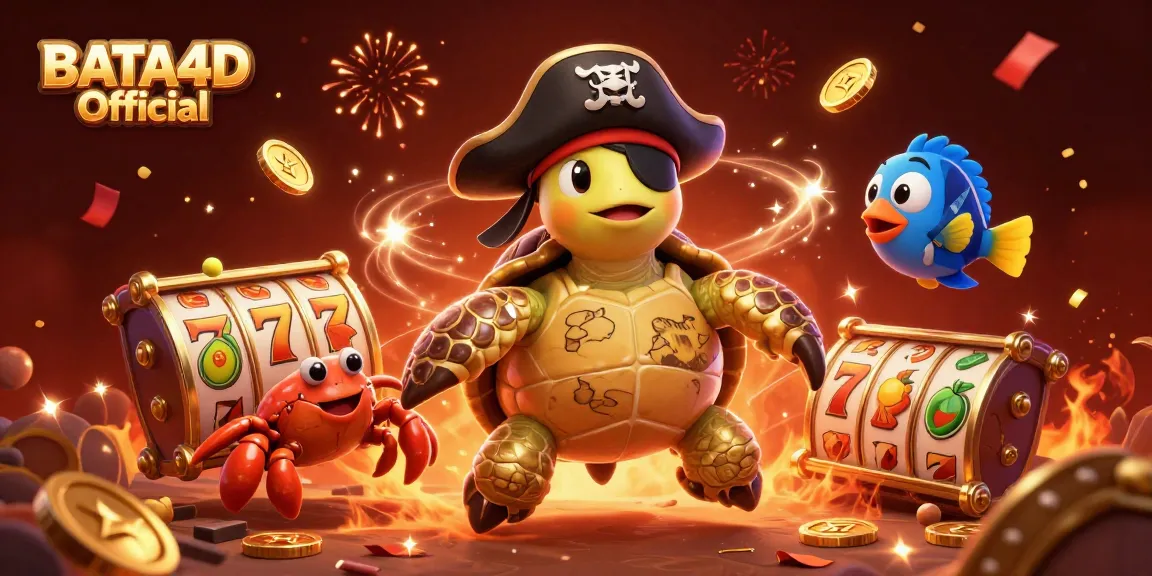 BATA4D Official showcases a vibrant scene of a pirate turtle and friends celebrating around slot reels and treasures.