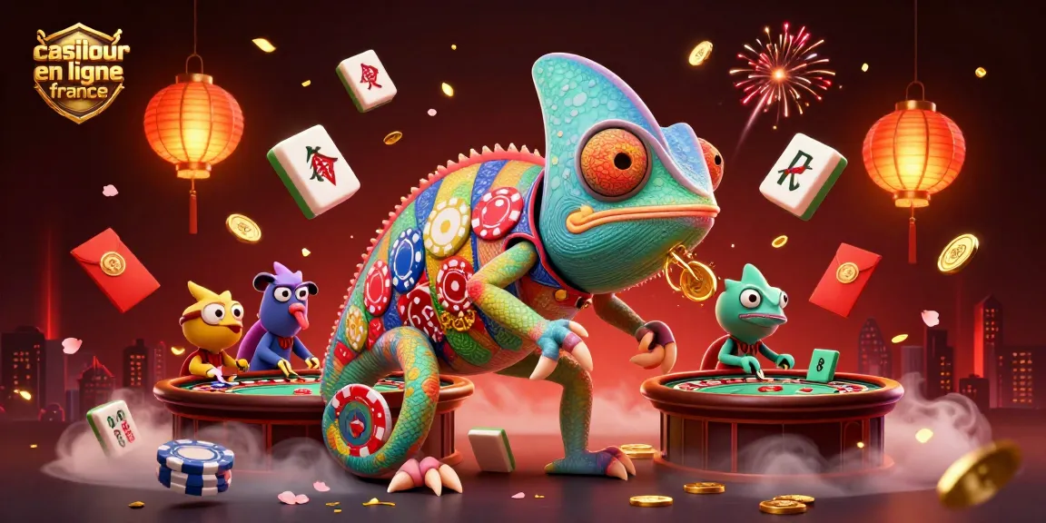 Illustration de caméléon propriétaire de casino, avec "meilleur casino en ligne france" en arrière-plan, pour une expérience ludique.