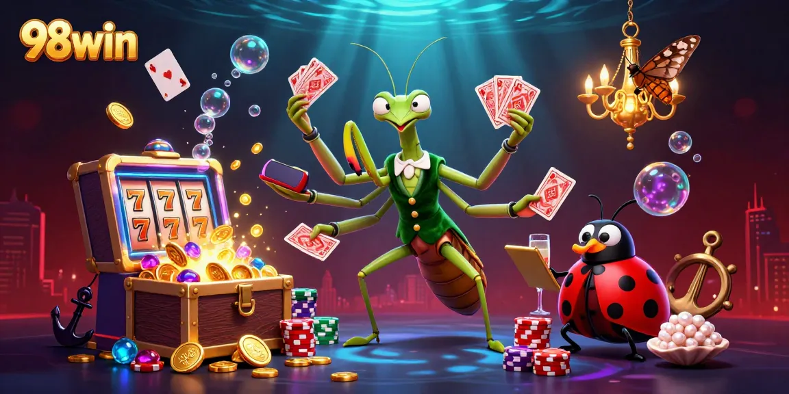 Experience the thrill of 98win with a vibrant 3D casino scene featuring dynamic characters and slot games.