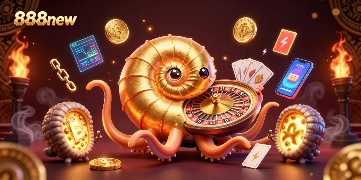 Join the excitement at 888new with a nautilus themed casino illustration, showcasing vibrant games and crypto elements.