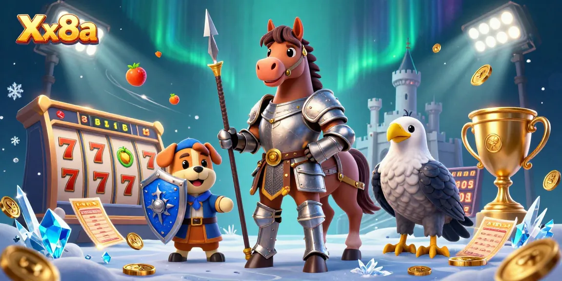 Experience the thrill at Xx8a with a vibrant casino scene featuring a knight, puppy, falcon, and slot elements.