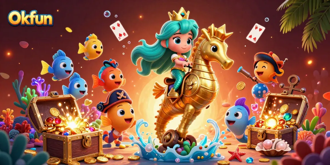 Okfun shines in this vibrant underwater casino scene with a treasure chest revealing gold coins and gems.