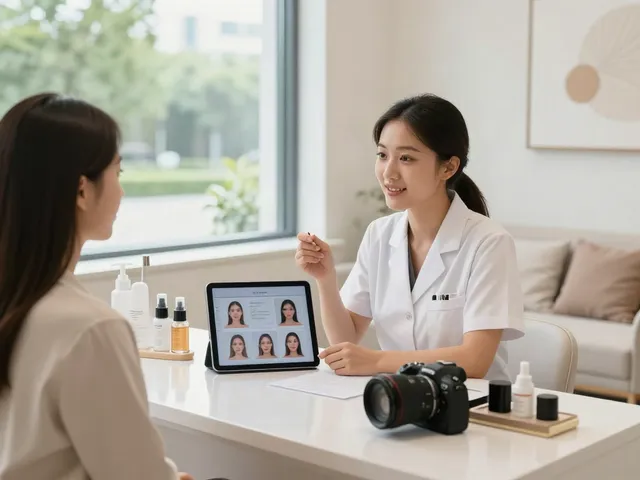 Beauty consultation scene showcasing alternatives to QOVES with aesthetician and client discussing facial analysis.