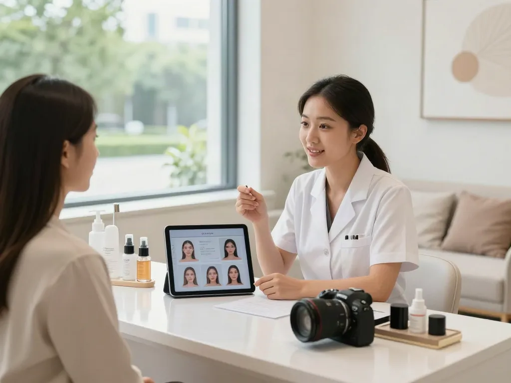 Beauty consultation scene showcasing alternatives to QOVES with aesthetician and client discussing facial analysis.