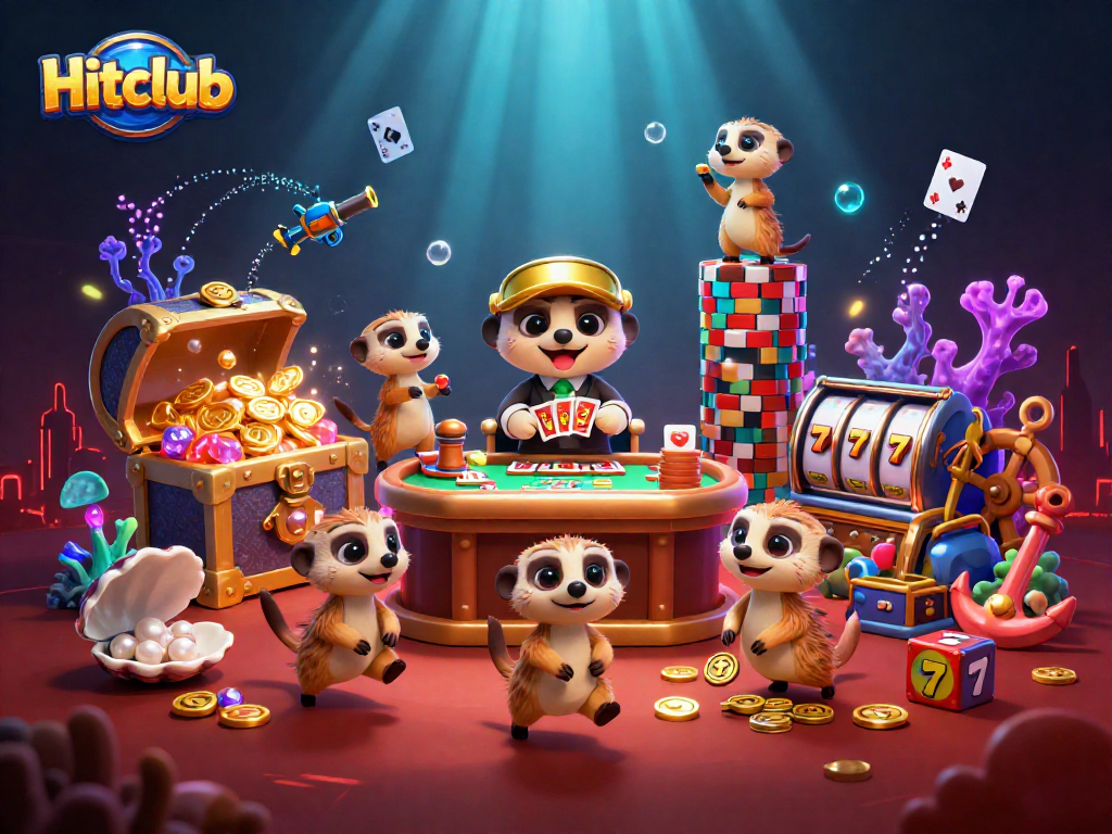 Hitclub casino excitement with meerkats dealing cards and treasures in a vibrant underwater scene