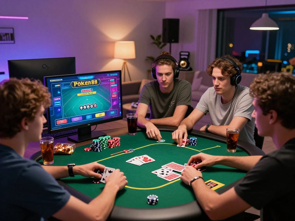 Engaged friends playing Poker88 online poker game, lively atmosphere with vibrant graphics